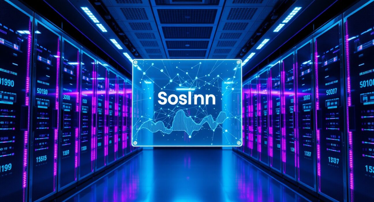 Futuristic server room with holographic Solana blockchain display showing rapid transaction data flow