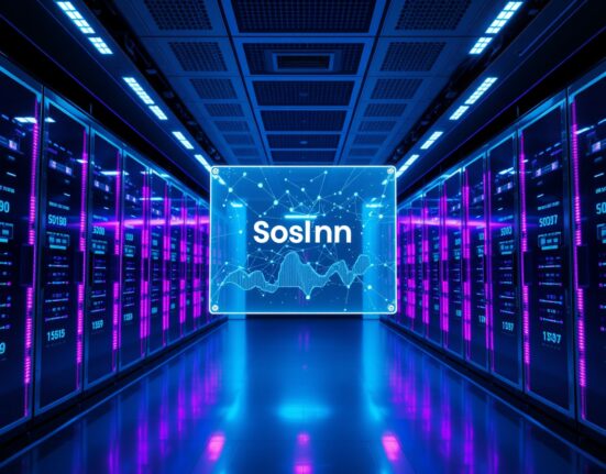 Futuristic server room with holographic Solana blockchain display showing rapid transaction data flow