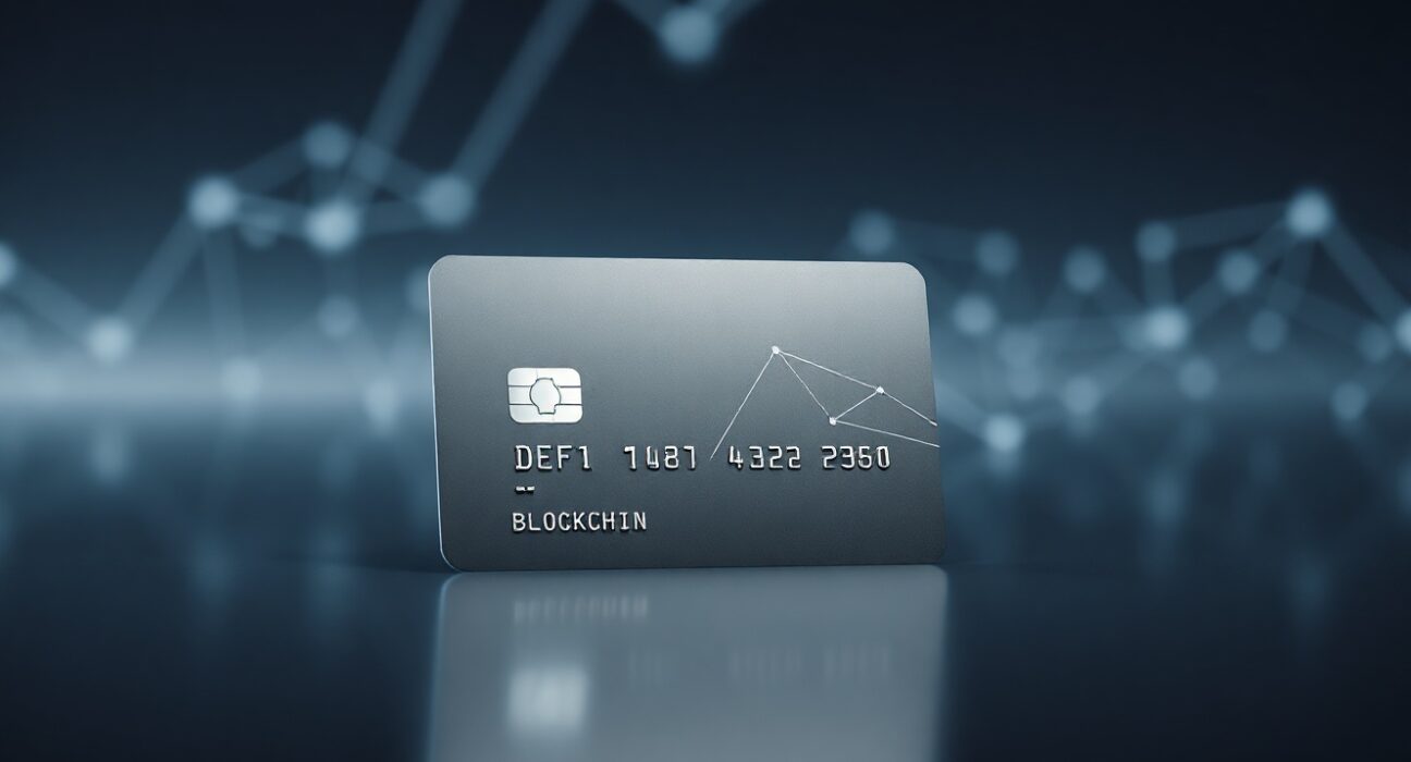 A modern debit card with subtle blockchain and DeFi design elements on a dark desk.