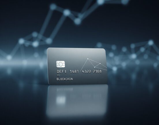 A modern debit card with subtle blockchain and DeFi design elements on a dark desk.