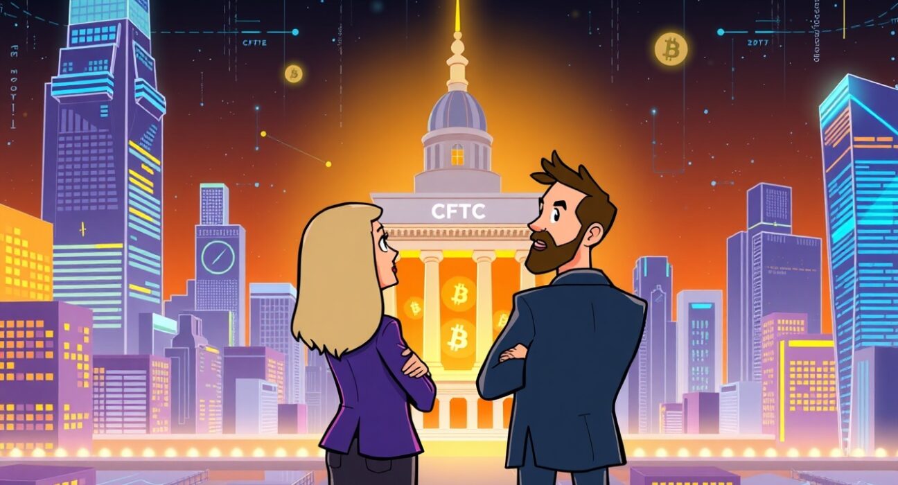 Cartoon illustration showing pro-crypto CFTC candidates stepping forward, symbolizing a new era for digital asset regulation.