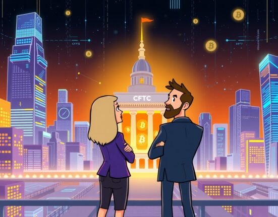 Cartoon illustration showing pro-crypto CFTC candidates stepping forward, symbolizing a new era for digital asset regulation.