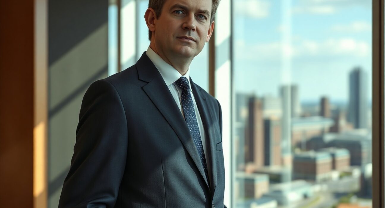 Andy Burnham, Mayor of Greater Manchester, in a professional portrait with city skyline background