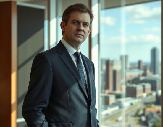 Andy Burnham, Mayor of Greater Manchester, in a professional portrait with city skyline background