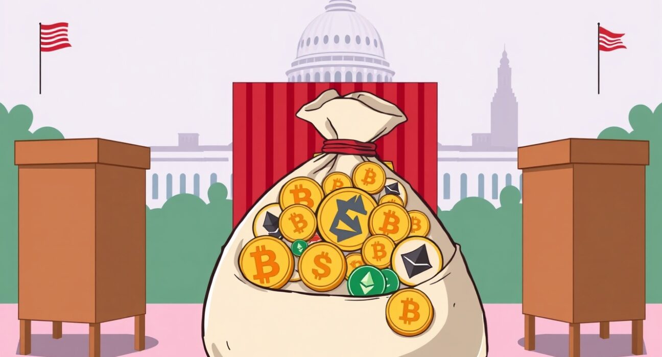A cartoon illustration showing a large money bag with crypto symbols, representing the new pro-crypto Super PAC's significant funding for US elections.