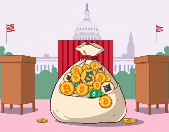 A cartoon illustration showing a large money bag with crypto symbols, representing the new pro-crypto Super PAC's significant funding for US elections.