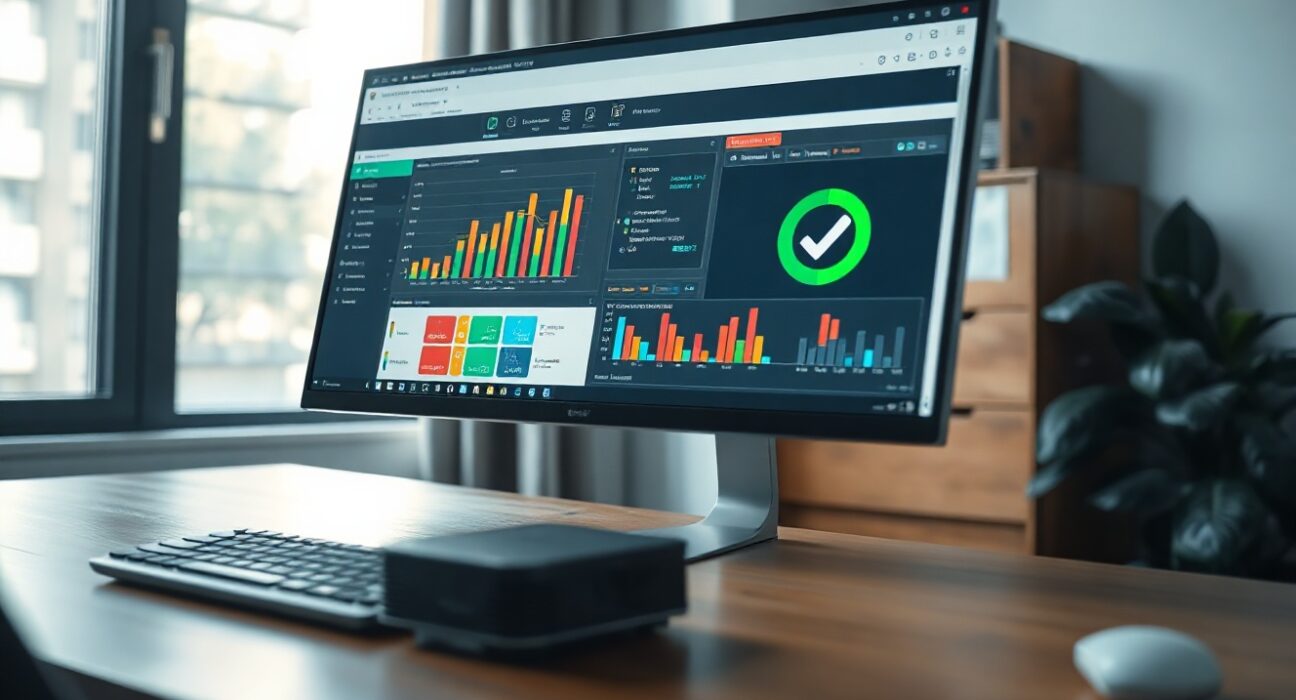 Data science workstation with a monitor displaying a verified analytics dashboard and a small local AI processing device on a desk.
