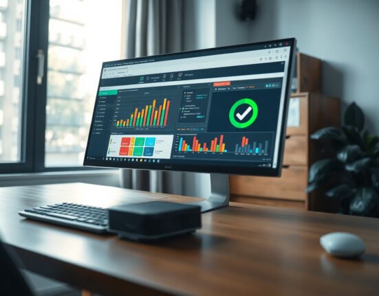 Data science workstation with a monitor displaying a verified analytics dashboard and a small local AI processing device on a desk.