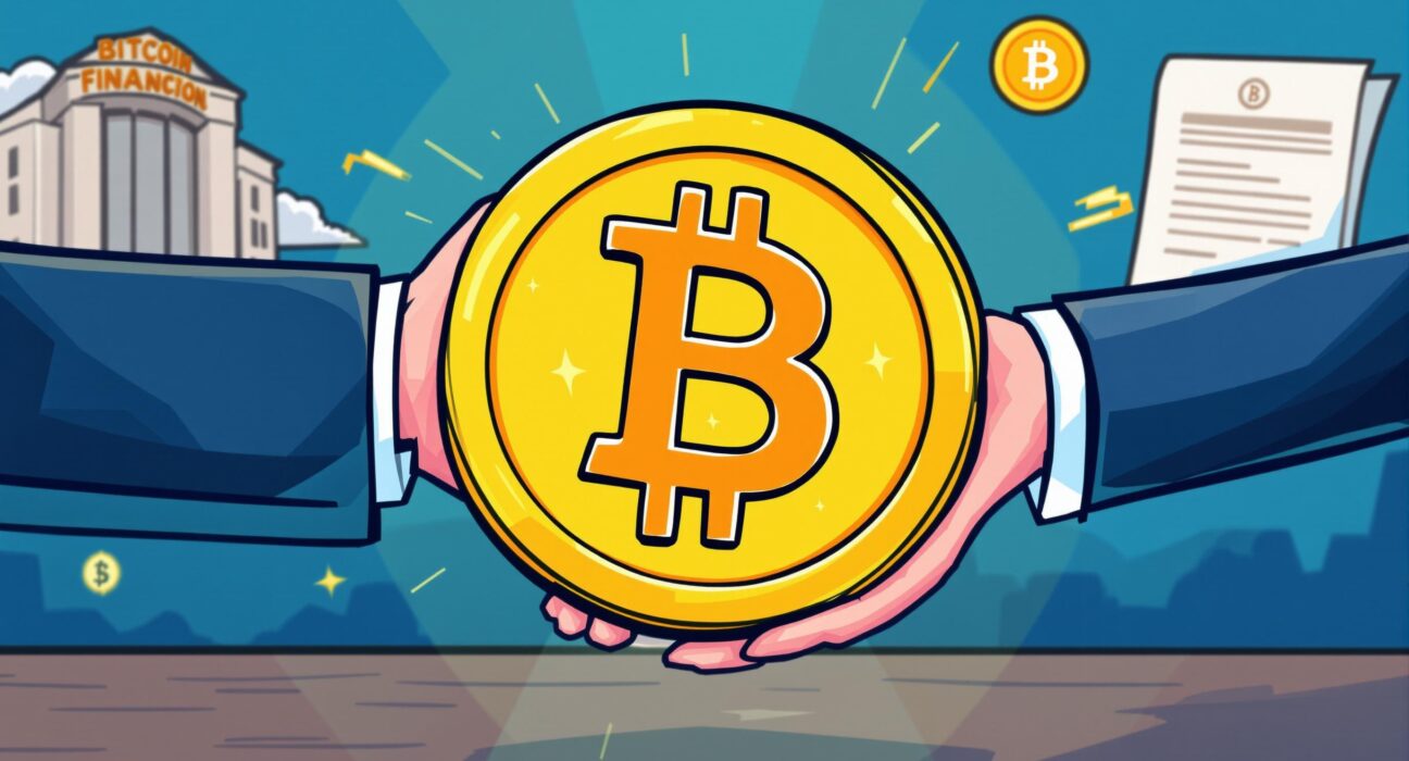 Cartoon illustration of the ProCap Financial merger advancing, symbolizing institutional Bitcoin adoption.