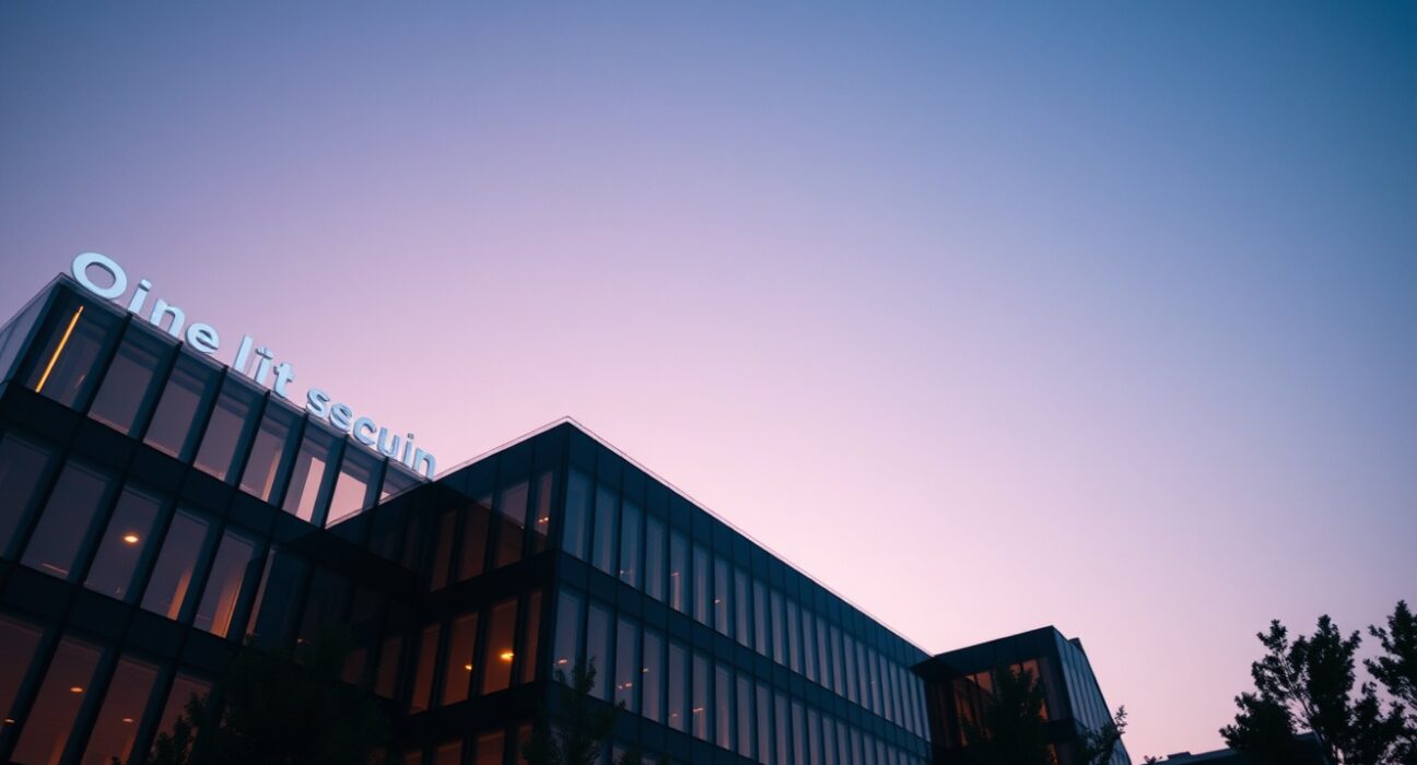 ProCap Financial corporate headquarters with a Bitcoin symbol overlay at dusk