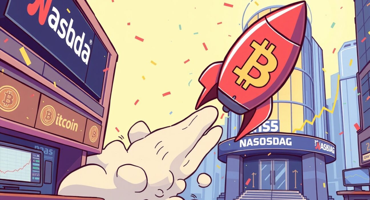 ProCapBTC SPAC merger illustrated as a Bitcoin rocket launching towards Nasdaq success.