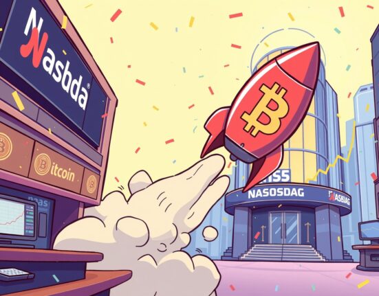 ProCapBTC SPAC merger illustrated as a Bitcoin rocket launching towards Nasdaq success.