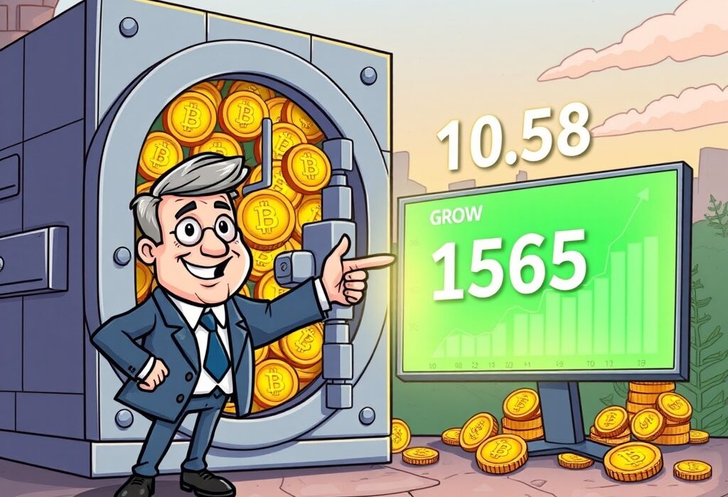 A cartoon CEO stands proudly beside a vault of Bitcoin, symbolizing ProCapBTC Bitcoin holdings and a strategic investment vision.