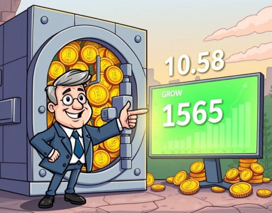 A cartoon CEO stands proudly beside a vault of Bitcoin, symbolizing ProCapBTC Bitcoin holdings and a strategic investment vision.
