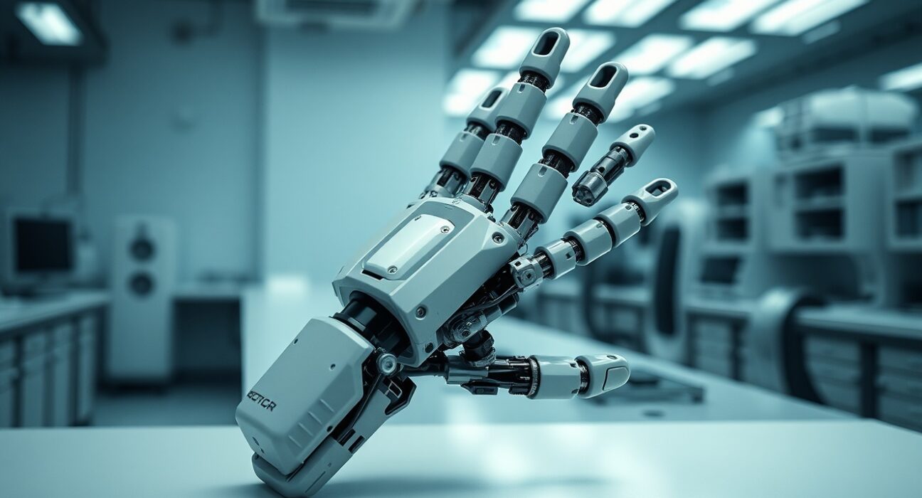 Close-up of a dexterous robotic hand with articulated fingers in a laboratory setting