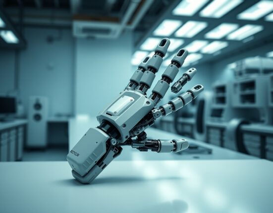 Close-up of a dexterous robotic hand with articulated fingers in a laboratory setting