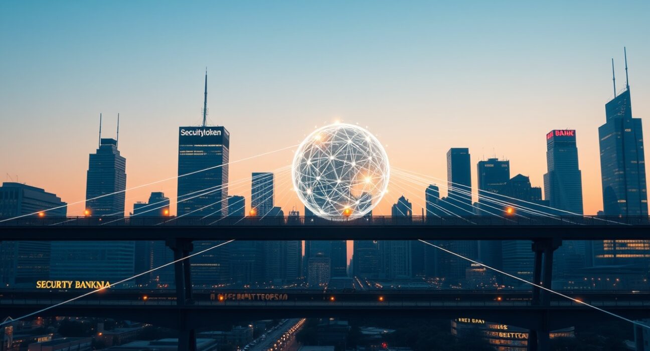 Financial district skyline with digital network overlay representing security token migration to Avalanche blockchain.