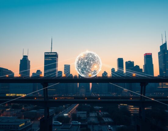 Financial district skyline with digital network overlay representing security token migration to Avalanche blockchain.