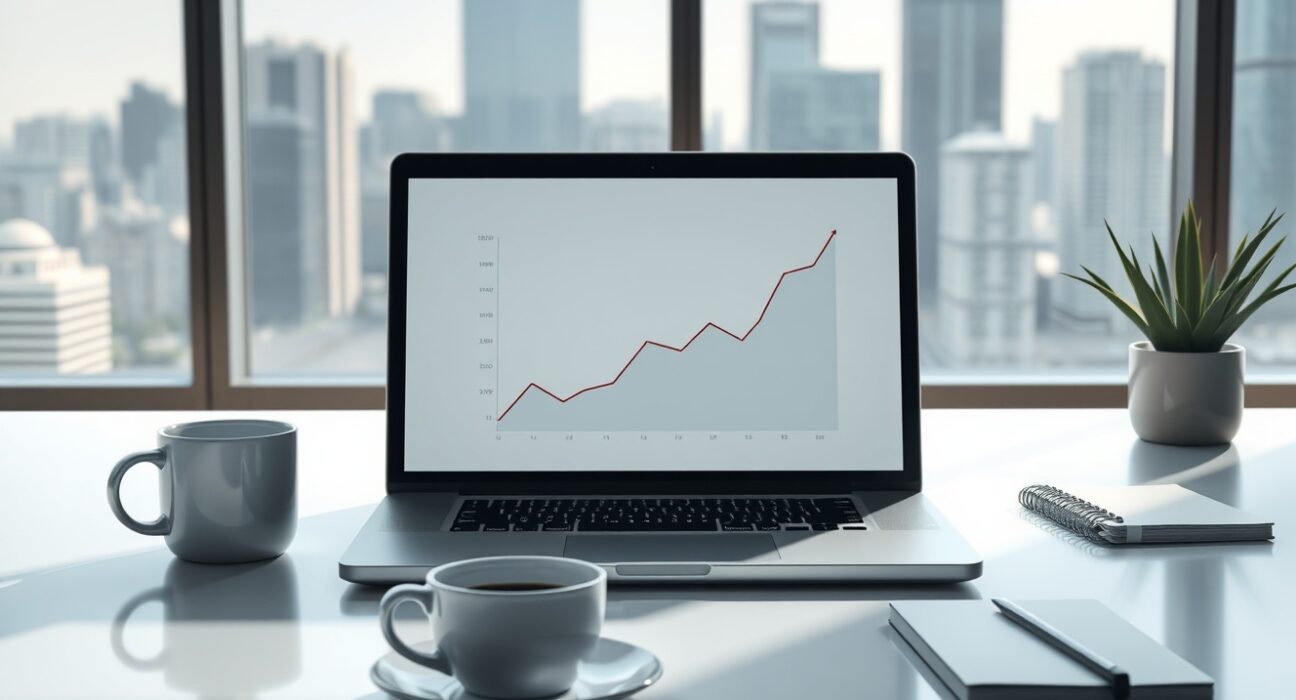 Laptop displaying financial charts in a modern office setting