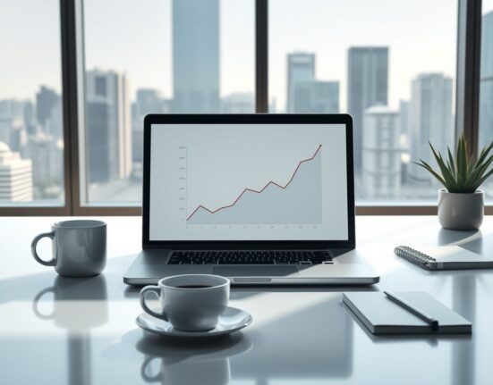 Laptop displaying financial charts in a modern office setting