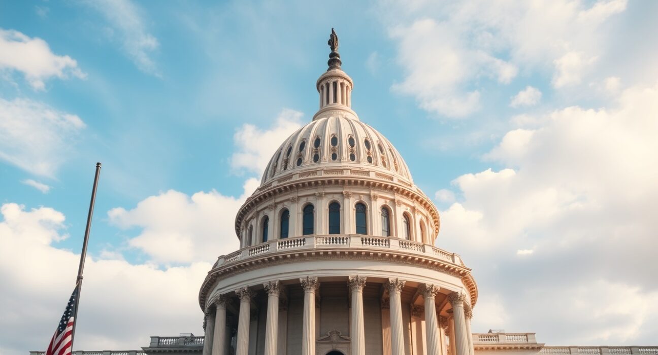 U.S. Capitol building under cloudy sky with American flag in foreground