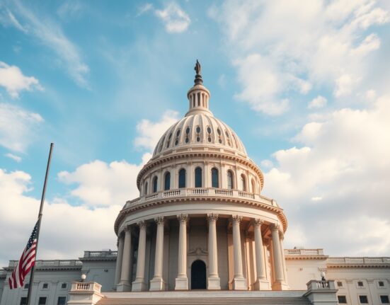 U.S. Capitol building under cloudy sky with American flag in foreground