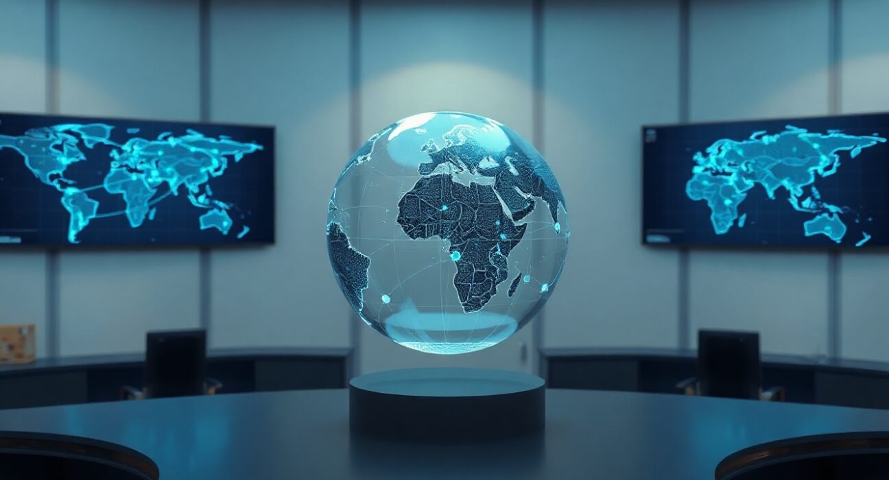 Conceptual image of a holographic globe with glowing data lines representing tokenized cross-border payments in a modern financial control room.