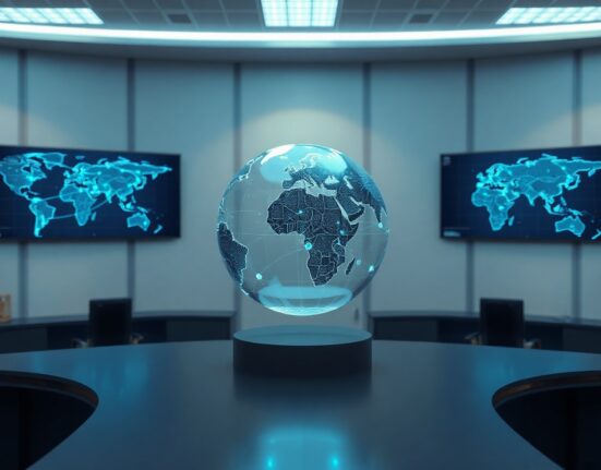 Conceptual image of a holographic globe with glowing data lines representing tokenized cross-border payments in a modern financial control room.