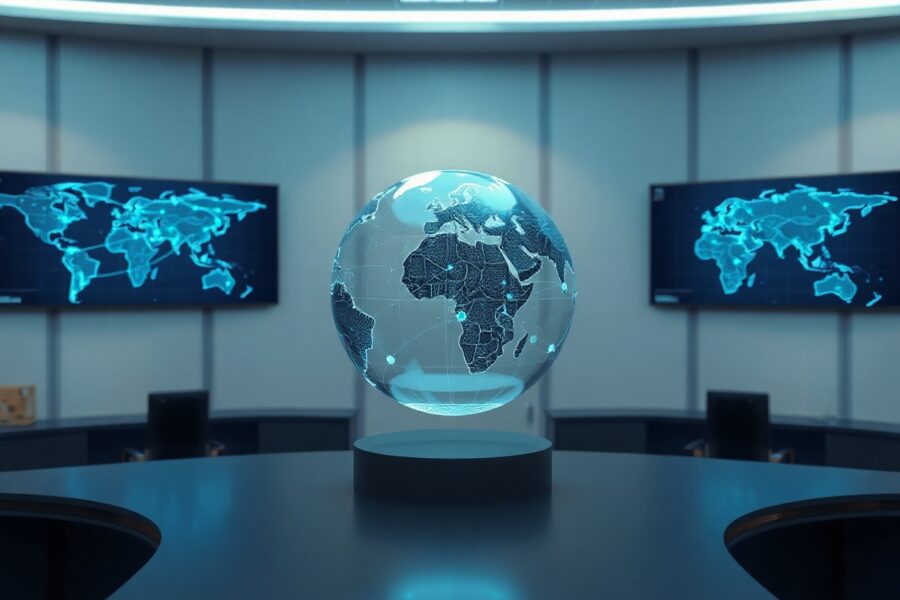 Conceptual image of a holographic globe with glowing data lines representing tokenized cross-border payments in a modern financial control room.
