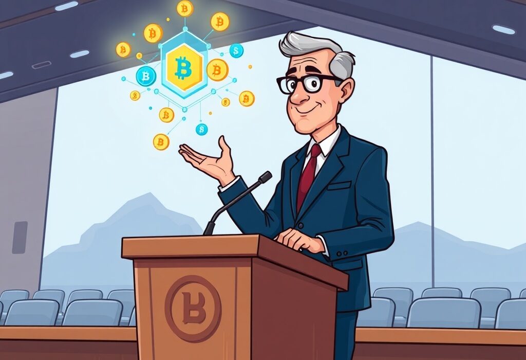 SEC Chair Paul Atkins delivers a crucial address about Project Crypto at a blockchain symposium, symbolizing regulatory insights.