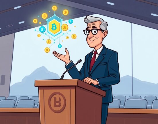 SEC Chair Paul Atkins delivers a crucial address about Project Crypto at a blockchain symposium, symbolizing regulatory insights.