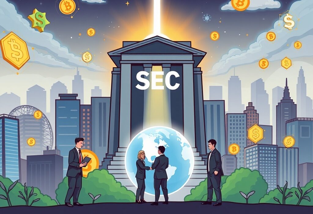 A cartoon image illustrating the SEC's Project Crypto initiative aiming to establish the U.S. as a leading global blockchain hub.