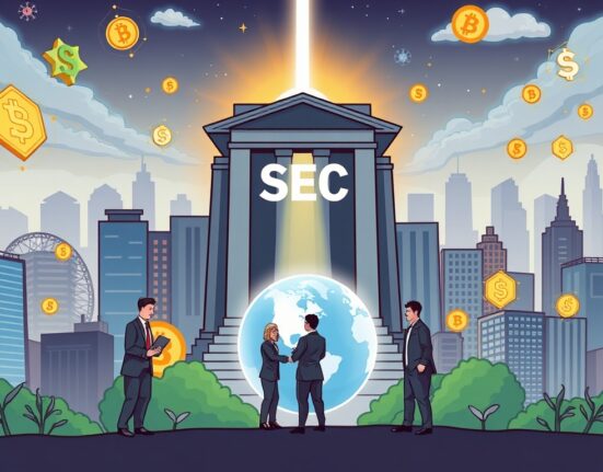 A cartoon image illustrating the SEC's Project Crypto initiative aiming to establish the U.S. as a leading global blockchain hub.