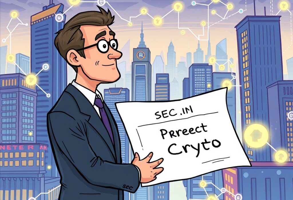 A cartoon illustration symbolizing the SEC's Project Crypto initiative, showing the modernization of US financial markets for on-chain transition.