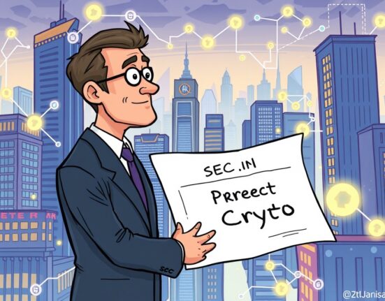A cartoon illustration symbolizing the SEC's Project Crypto initiative, showing the modernization of US financial markets for on-chain transition.