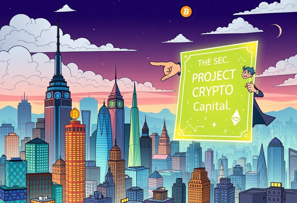 A cartoon illustration showing the US aiming to become a cryptocurrency capital through Project Crypto, with the SEC's involvement.