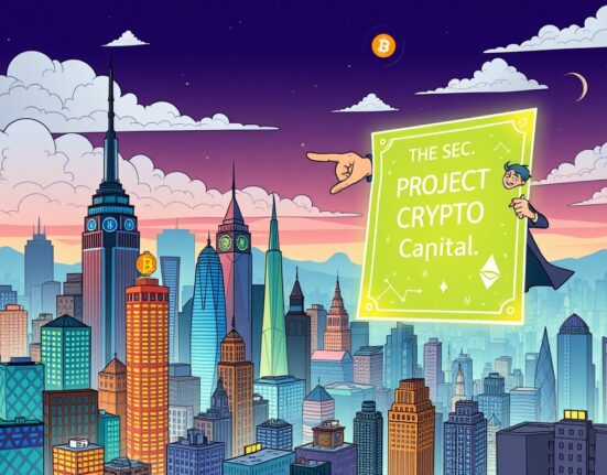 A cartoon illustration showing the US aiming to become a cryptocurrency capital through Project Crypto, with the SEC's involvement.