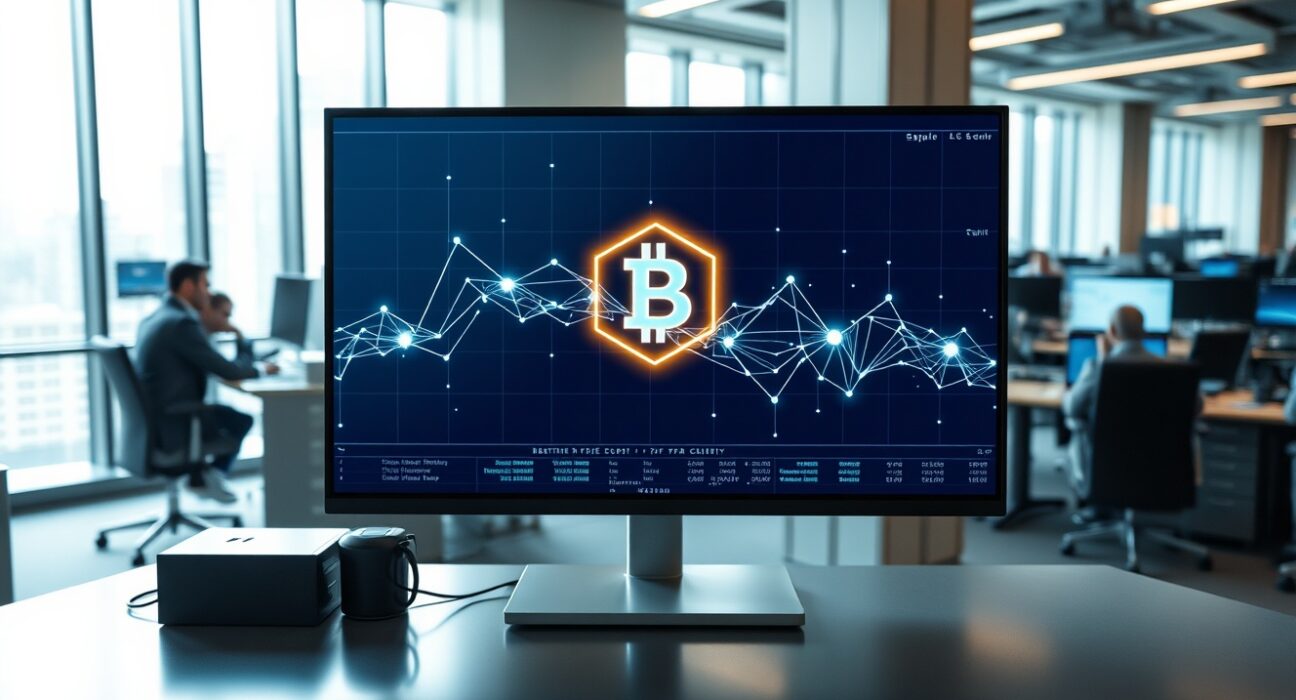 Professional trading desk with a digital screen displaying a blockchain network and tokenized security icon