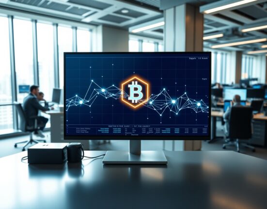 Professional trading desk with a digital screen displaying a blockchain network and tokenized security icon