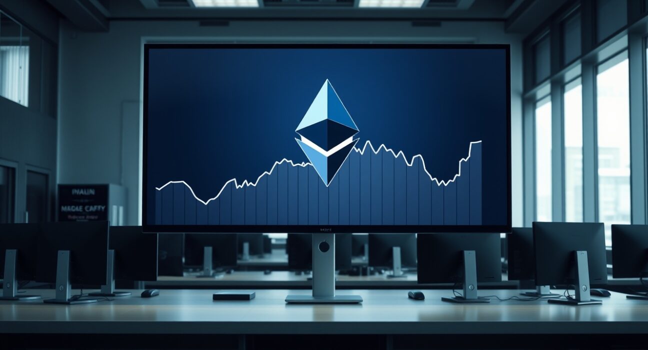 Digital screen displaying Ethereum logo and a downward graph in a modern office setting