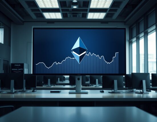 Digital screen displaying Ethereum logo and a downward graph in a modern office setting