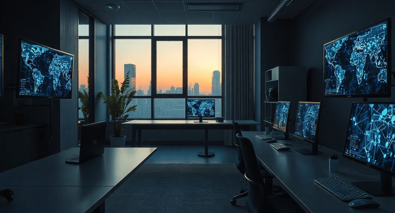 Empty office desks with computer monitors displaying blockchain graphics at dusk, representing Proof Of Play shutdown