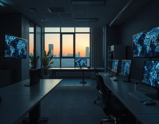 Empty office desks with computer monitors displaying blockchain graphics at dusk, representing Proof Of Play shutdown