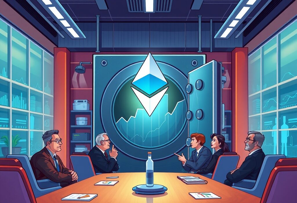 A cartoon illustration showing Propan Biopharma executives strategizing a major Ethereum investment, symbolizing institutional crypto adoption.
