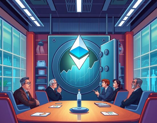 A cartoon illustration showing Propan Biopharma executives strategizing a major Ethereum investment, symbolizing institutional crypto adoption.