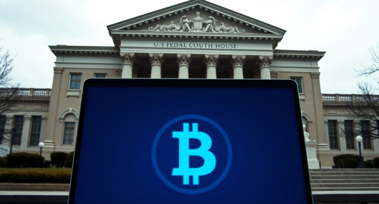 U.S. federal courthouse with a laptop showing cryptocurrency symbols, representing legal action against crypto fraud.