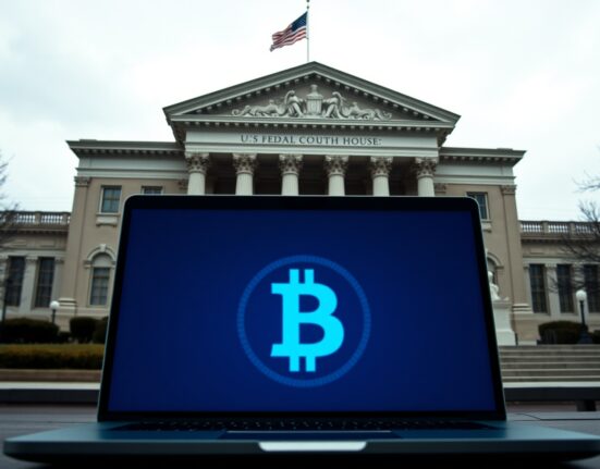 U.S. federal courthouse with a laptop showing cryptocurrency symbols, representing legal action against crypto fraud.