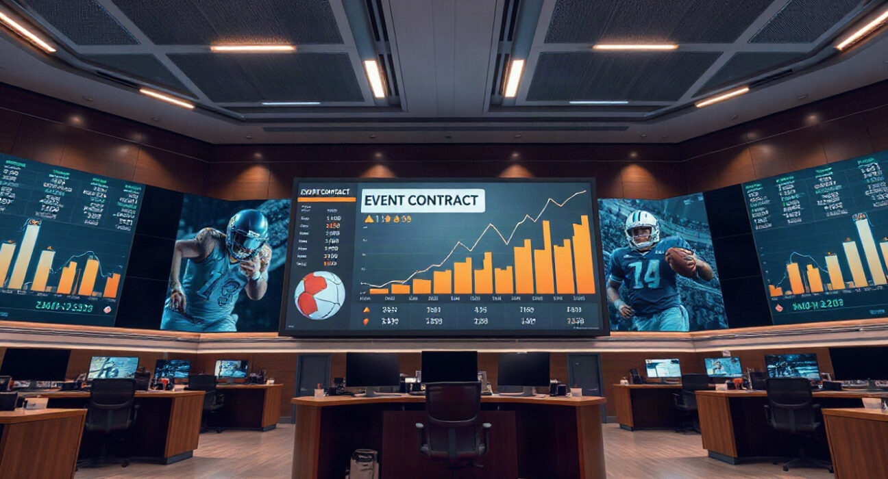 Financial trading floor with digital screens showing sports prediction market data