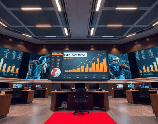 Financial trading floor with digital screens showing sports prediction market data