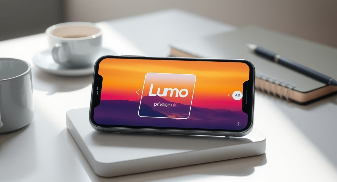Smartphone displaying Lumo 2.0 AI chatbot interface editing an uploaded photo on a desk